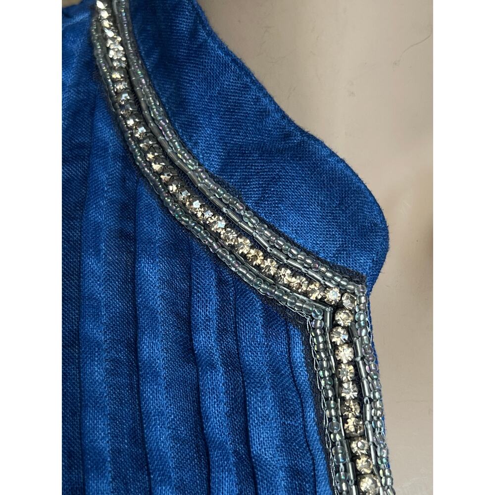 120% Lino Blue Conscious Split-Neck Linen Blouse Rhinestone Embellishment Sz M - Picture 4 of 12